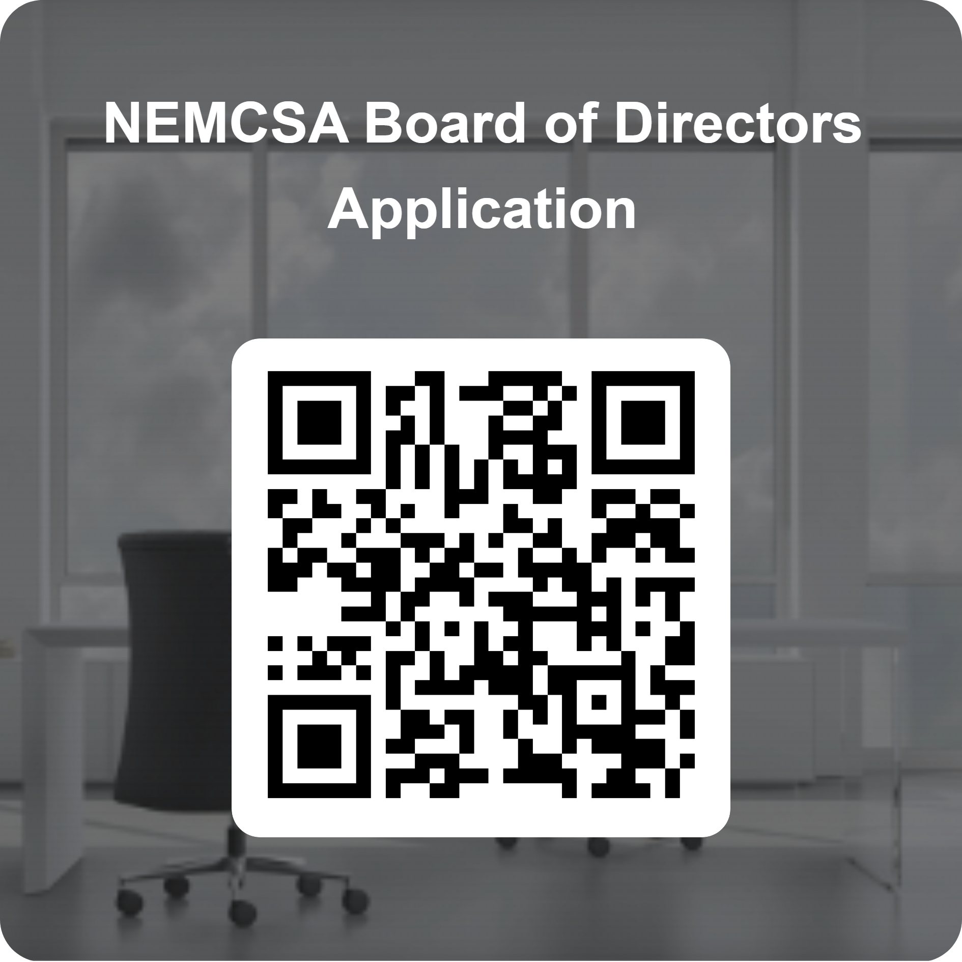 Q code for NEMCSA's Baord application form- the code takes you to https://forms.office.com/Pages/ResponsePage.aspx?id=RhdvgLLNgky00GlIKlk61mfKYv2J8OFMr8G9xgT71RxURUNMTTdQQkZZRVg1QU5MMEUwVVY1V1lSMy4u