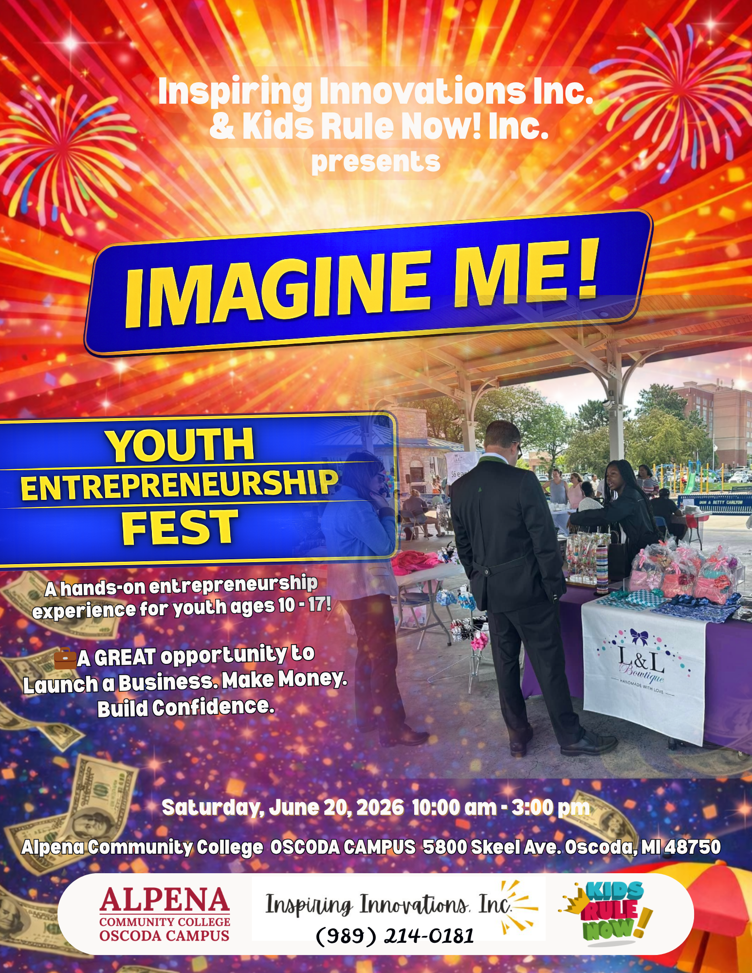 graphic of a entrepreneurship fair with a child at a booth interacting with adult. Alpena Community College Logo. Decorative background with fireworks and dollar bills. 