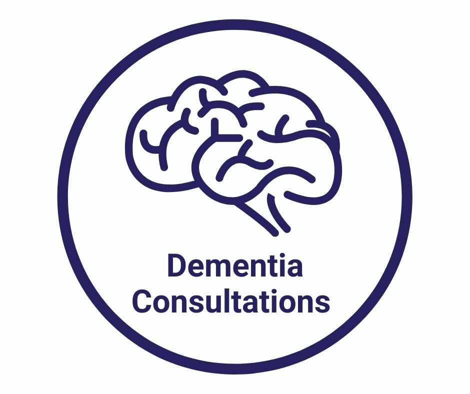 Drawing of a brain and written underneath, Dementia Consultations